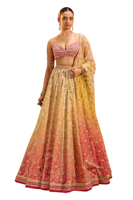 Cedar & Pine_Gold Tulle, Velvet Mirrors, Embroidery Sweetheart Neck Ombre Lehenga Set _Online_at_Aza_Fashions