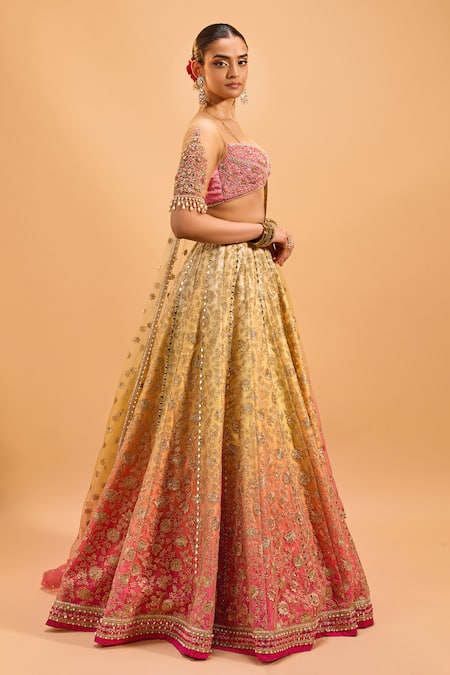 Buy_Cedar & Pine_Gold Tulle, Velvet Mirrors, Embroidery Sweetheart Neck Ombre Lehenga Set _Online_at_Aza_Fashions