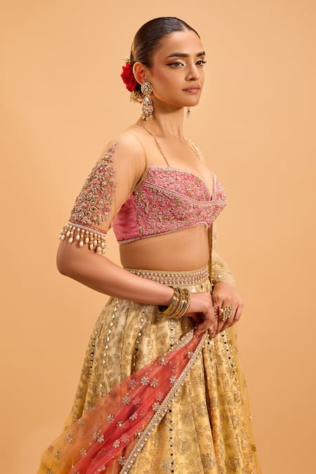 Shop_Cedar & Pine_Gold Tulle, Velvet Mirrors, Embroidery Sweetheart Neck Ombre Lehenga Set _Online_at_Aza_Fashions