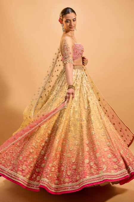 Cedar & Pine_Gold Tulle, Velvet Mirrors, Embroidery Sweetheart Neck Ombre Lehenga Set _at_Aza_Fashions