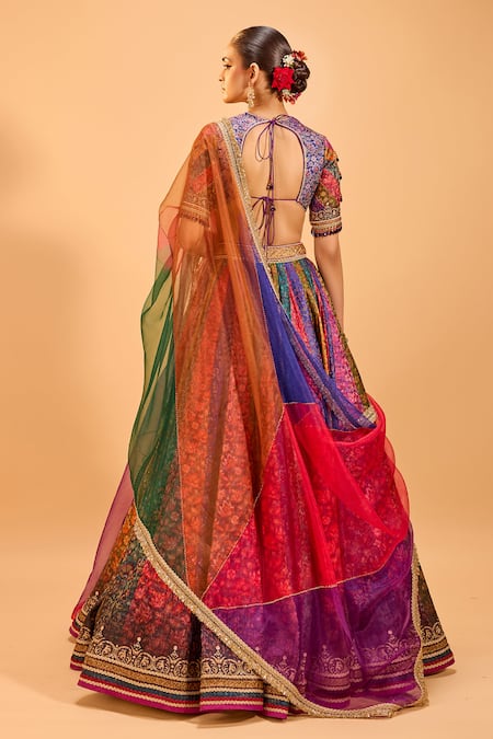 Shop Cedar & Pine Multi Color Organza, Brocade Lace, Sequins Scoop Floral Panelled Lehenga Set at Aza Fashions Shop_Cedar & Pine_Multi Color Organza, Brocade Lace, Sequins Scoop Floral Panelled Lehenga Set _at_Aza_Fashions