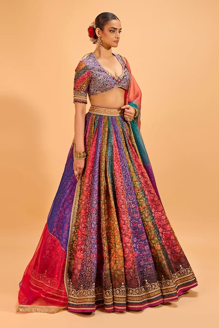 Cedar & Pine Multi Color Organza, Brocade Lace, Sequins Scoop Floral Panelled Lehenga Set Online at Aza Fashions Cedar & Pine_Multi Color Organza, Brocade Lace, Sequins Scoop Floral Panelled Lehenga Set _Online_at_Aza_Fashions