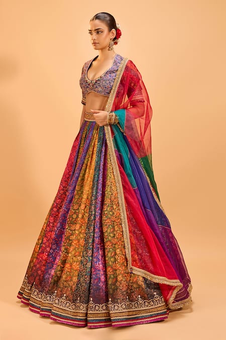 Buy Cedar & Pine Multi Color Organza, Brocade Lace, Sequins Scoop Floral Panelled Lehenga Set Online at Aza Fashions Buy_Cedar & Pine_Multi Color Organza, Brocade Lace, Sequins Scoop Floral Panelled Lehenga Set _Online_at_Aza_Fashions