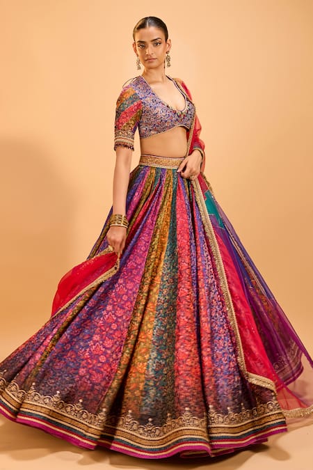 Shop Cedar & Pine Multi Color Organza, Brocade Lace, Sequins Scoop Floral Panelled Lehenga Set Online at Aza Fashions Shop_Cedar & Pine_Multi Color Organza, Brocade Lace, Sequins Scoop Floral Panelled Lehenga Set _Online_at_Aza_Fashions