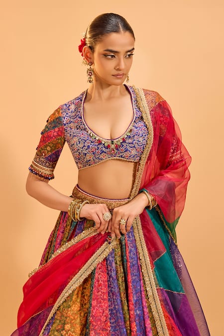 Cedar & Pine Multi Color Organza, Brocade Lace, Sequins Scoop Floral Panelled Lehenga Set at Aza Fashions Cedar & Pine_Multi Color Organza, Brocade Lace, Sequins Scoop Floral Panelled Lehenga Set _at_Aza_Fashions