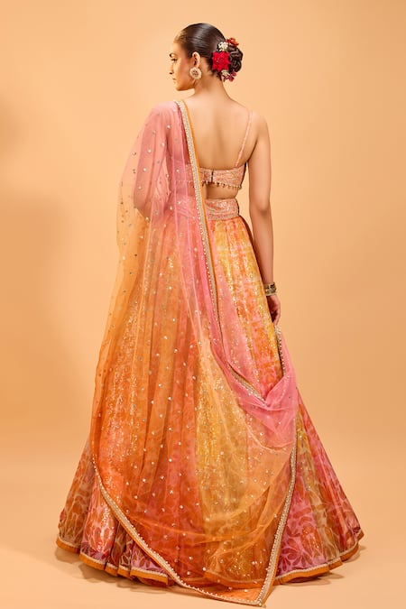 Shop Cedar & Pine Multi Color Organza, Tulle Sequins Sweetheart Neck Floral Print Lehenga Set at Aza Fashions Shop_Cedar & Pine_Multi Color Organza, Tulle Sequins Sweetheart Neck Floral Print Lehenga Set _at_Aza_Fashions