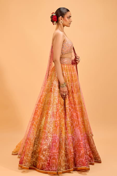 Cedar & Pine Multi Color Organza, Tulle Sequins Sweetheart Neck Floral Print Lehenga Set Online at Aza Fashions Cedar & Pine_Multi Color Organza, Tulle Sequins Sweetheart Neck Floral Print Lehenga Set _Online_at_Aza_Fashions