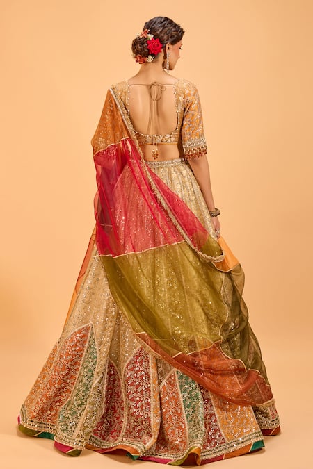 Shop_Cedar & Pine_Gold Organza, Tulle, Brocade Sequins, Lace, Embroidery Scoop Neck Lehenga Set _at_Aza_Fashions
