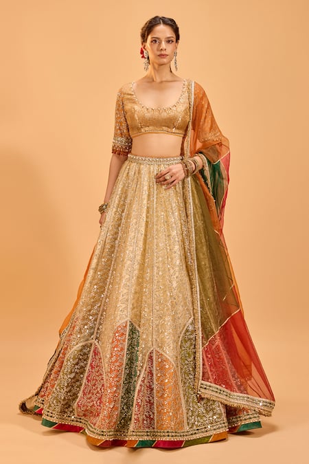 Cedar & Pine_Gold Organza, Tulle, Brocade Sequins, Lace, Embroidery Scoop Neck Lehenga Set _Online_at_Aza_Fashions