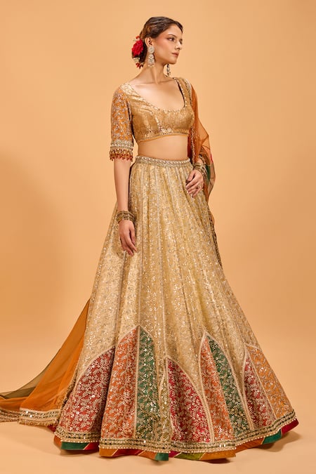 Buy_Cedar & Pine_Gold Organza, Tulle, Brocade Sequins, Lace, Embroidery Scoop Neck Lehenga Set _Online_at_Aza_Fashions