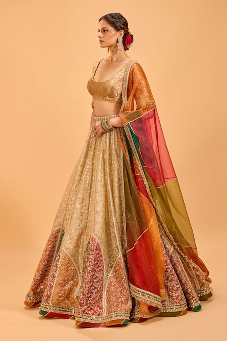 Shop_Cedar & Pine_Gold Organza, Tulle, Brocade Sequins, Lace, Embroidery Scoop Neck Lehenga Set _Online_at_Aza_Fashions
