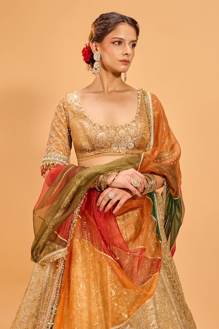 Cedar & Pine_Gold Organza, Tulle, Brocade Sequins, Lace, Embroidery Scoop Neck Lehenga Set _at_Aza_Fashions