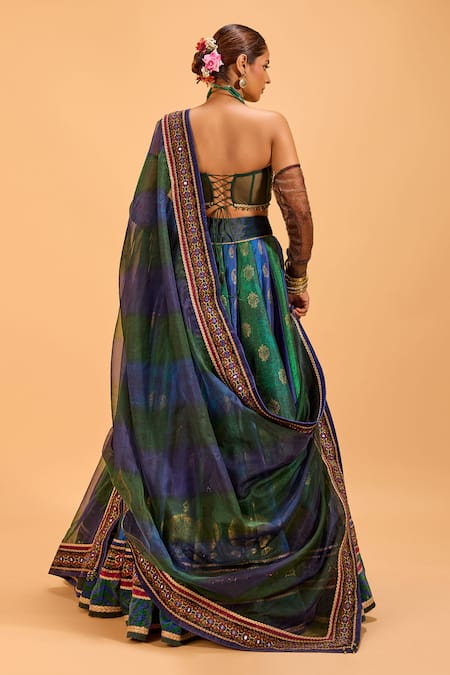 Shop_Cedar & Pine_Green Organza, Velvet, Denim Lace, Mirrors, Foil Print Panelled Lehenga Set _at_Aza_Fashions