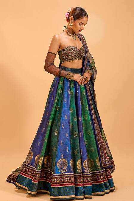 Cedar & Pine_Green Organza, Velvet, Denim Lace, Mirrors, Foil Print Panelled Lehenga Set _Online_at_Aza_Fashions