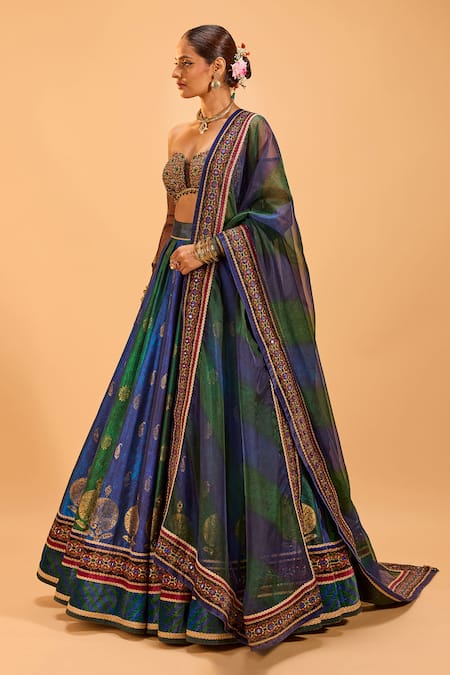 Buy_Cedar & Pine_Green Organza, Velvet, Denim Lace, Mirrors, Foil Print Panelled Lehenga Set _Online_at_Aza_Fashions