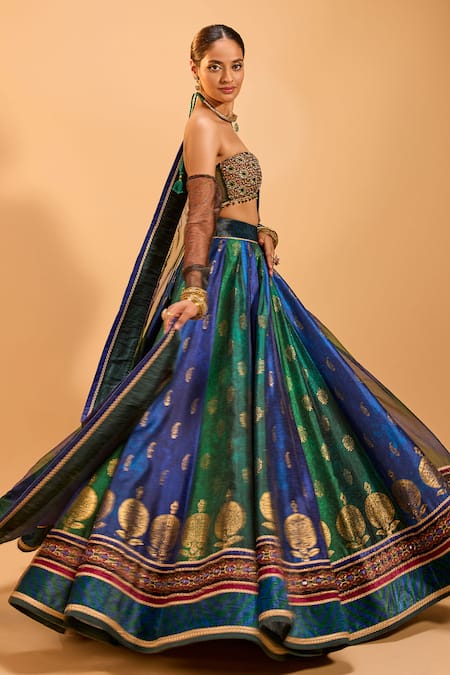 Shop_Cedar & Pine_Green Organza, Velvet, Denim Lace, Mirrors, Foil Print Panelled Lehenga Set _Online_at_Aza_Fashions