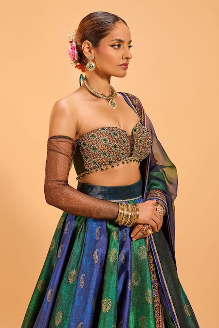 Cedar & Pine_Green Organza, Velvet, Denim Lace, Mirrors, Foil Print Panelled Lehenga Set _at_Aza_Fashions
