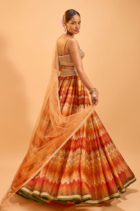 Shop_Cedar & Pine_Multi Color Organza, Tulle Pearls, Embroidery, Lace Chevron Pattern Lehenga Set _at_Aza_Fashions