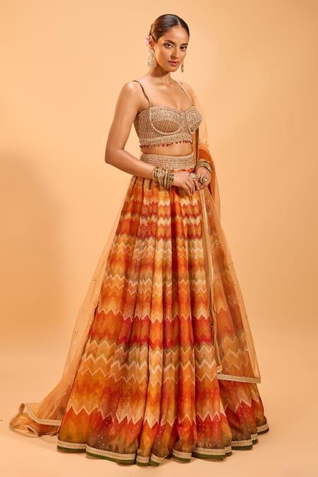 Cedar & Pine_Multi Color Organza, Tulle Pearls, Embroidery, Lace Chevron Pattern Lehenga Set _Online_at_Aza_Fashions