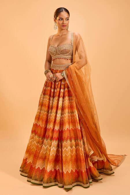 Buy_Cedar & Pine_Multi Color Organza, Tulle Pearls, Embroidery, Lace Chevron Pattern Lehenga Set _Online_at_Aza_Fashions