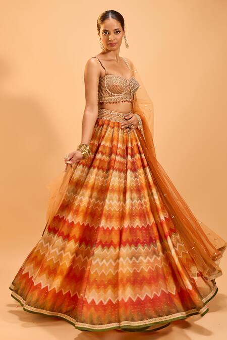 Shop_Cedar & Pine_Multi Color Organza, Tulle Pearls, Embroidery, Lace Chevron Pattern Lehenga Set _Online_at_Aza_Fashions