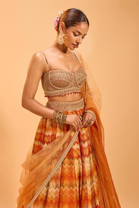 Cedar & Pine_Multi Color Organza, Tulle Pearls, Embroidery, Lace Chevron Pattern Lehenga Set _at_Aza_Fashions