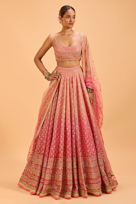 Buy_Cedar & Pine_Pink Organza, Tulle Sequins, Embroidery Scoop Neck Lehenga Set _at_Aza_Fashions