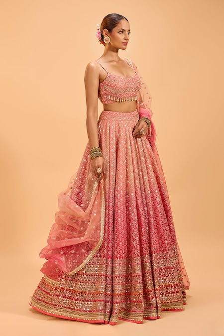 Cedar & Pine_Pink Organza, Tulle Sequins, Embroidery Scoop Neck Lehenga Set _Online_at_Aza_Fashions