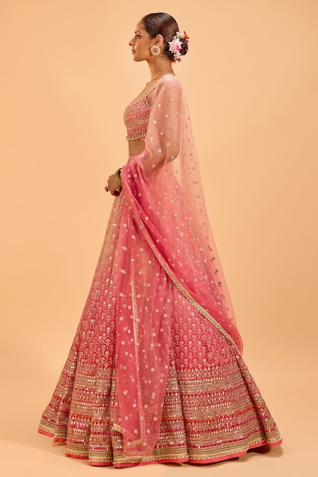 Buy_Cedar & Pine_Pink Organza, Tulle Sequins, Embroidery Scoop Neck Lehenga Set _Online_at_Aza_Fashions