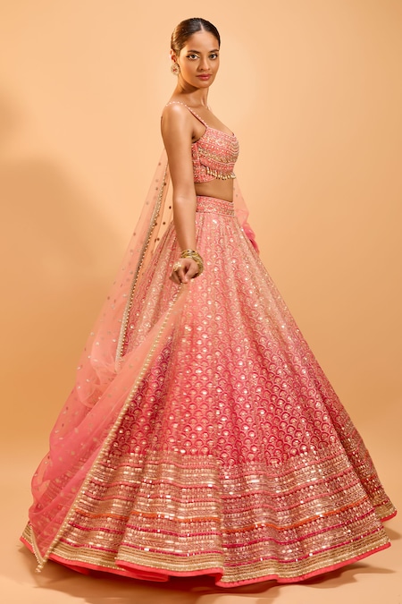 Shop_Cedar & Pine_Pink Organza, Tulle Sequins, Embroidery Scoop Neck Lehenga Set _Online_at_Aza_Fashions