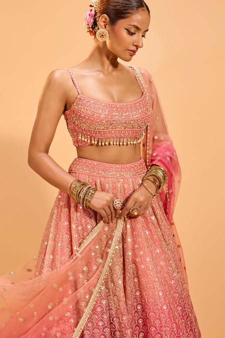 Cedar & Pine_Pink Organza, Tulle Sequins, Embroidery Scoop Neck Lehenga Set _at_Aza_Fashions