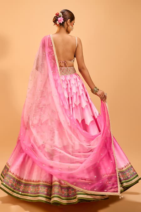 Shop_Cedar & Pine_Pink Organza, Denim Sequins Sweetheart Neck Embellished Lehenga Set _at_Aza_Fashions