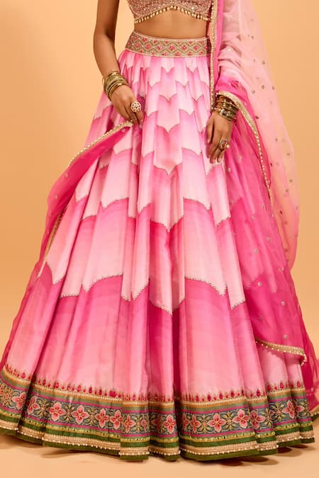 Cedar & Pine_Pink Organza, Denim Sequins Sweetheart Neck Embellished Lehenga Set _Online_at_Aza_Fashions