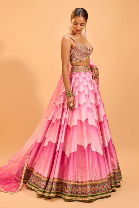 Buy_Cedar & Pine_Pink Organza, Denim Sequins Sweetheart Neck Embellished Lehenga Set _Online_at_Aza_Fashions
