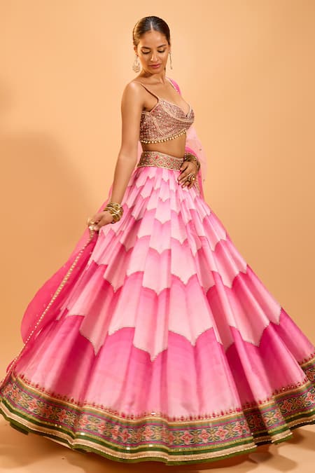 Shop_Cedar & Pine_Pink Organza, Denim Sequins Sweetheart Neck Embellished Lehenga Set _Online_at_Aza_Fashions