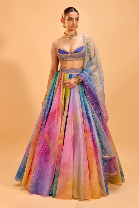 Cedar & Pine Multi Color Brocade, Organza Sequins, Embroidery Sweetheart Shaded Lehenga Set 