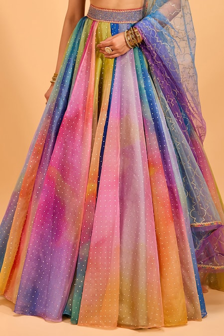 Cedar & Pine_Multi Color Brocade, Organza Sequins, Embroidery Sweetheart Shaded Lehenga Set _Online_at_Aza_Fashions