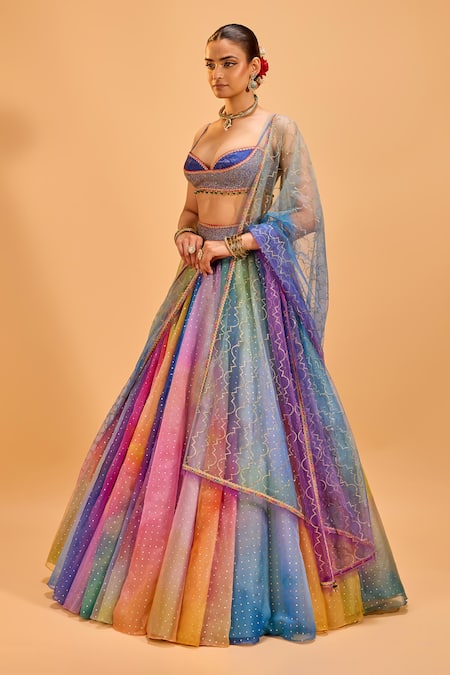 Shop_Cedar & Pine_Multi Color Brocade, Organza Sequins, Embroidery Sweetheart Shaded Lehenga Set _Online_at_Aza_Fashions