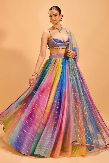 Cedar & Pine_Multi Color Brocade, Organza Sequins, Embroidery Sweetheart Shaded Lehenga Set _at_Aza_Fashions