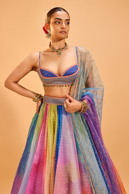 Buy_Cedar & Pine_Multi Color Brocade, Organza Sequins, Embroidery Sweetheart Shaded Lehenga Set 