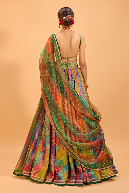 Shop Cedar & Pine Multi Color Organza, Brocade Mirrors Sweetheart Panelled Embroidered Lehenga Set at Aza Fashions Shop_Cedar & Pine_Multi Color Organza, Brocade Mirrors Sweetheart Panelled Embroidered Lehenga Set _at_Aza_Fashions