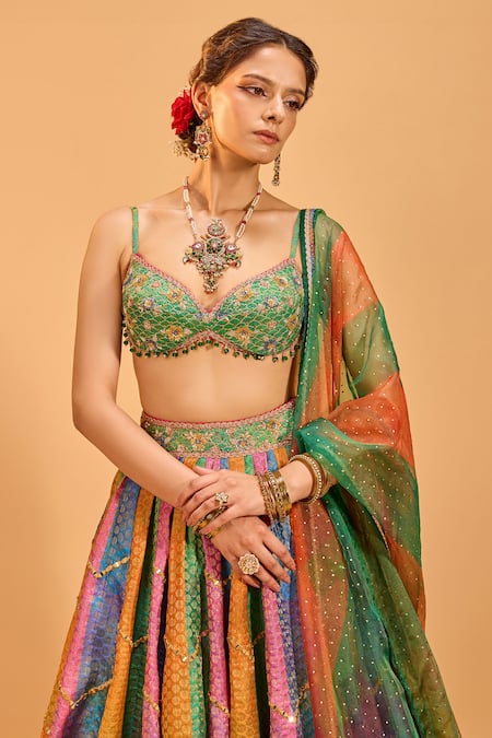 Buy Cedar & Pine Multi Color Organza, Brocade Mirrors Sweetheart Panelled Embroidered Lehenga Set Online at Aza Fashions Buy_Cedar & Pine_Multi Color Organza, Brocade Mirrors Sweetheart Panelled Embroidered Lehenga Set _Online_at_Aza_Fashions