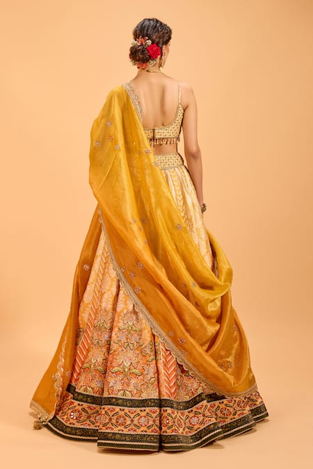 Shop_Cedar & Pine_Yellow Tissue, Denim Embroidery, Mirrors Sweetheart Neck Lehenga Set _at_Aza_Fashions