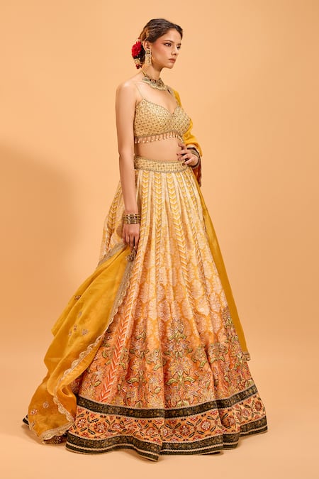 Cedar & Pine_Yellow Tissue, Denim Embroidery, Mirrors Sweetheart Neck Lehenga Set _Online_at_Aza_Fashions