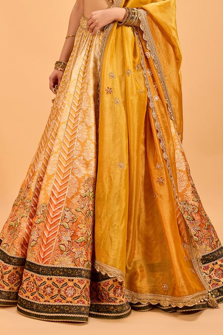 Buy_Cedar & Pine_Yellow Tissue, Denim Embroidery, Mirrors Sweetheart Neck Lehenga Set _Online_at_Aza_Fashions