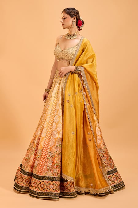 Shop_Cedar & Pine_Yellow Tissue, Denim Embroidery, Mirrors Sweetheart Neck Lehenga Set _Online_at_Aza_Fashions
