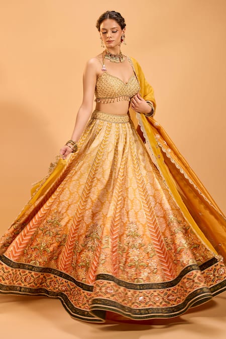 Cedar & Pine_Yellow Tissue, Denim Embroidery, Mirrors Sweetheart Neck Lehenga Set _at_Aza_Fashions