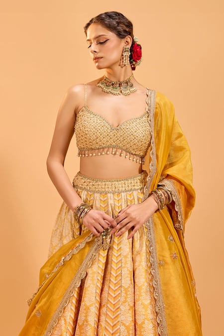 Buy_Cedar & Pine_Yellow Tissue, Denim Embroidery, Mirrors Sweetheart Neck Lehenga Set 