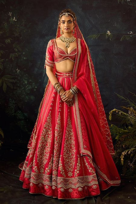 Cedar & Pine Red Raw Silk Embroidered Floral Sweetheart Bridal Lehenga Set 