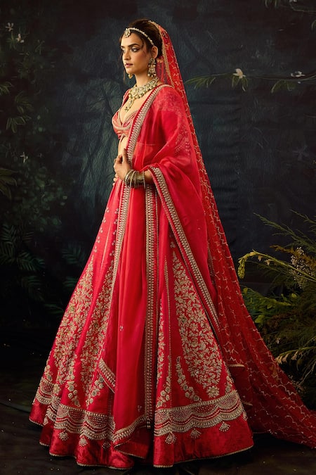 Shop_Cedar & Pine_Red Silk, Organza, Velvet, Brocade Embroidery Floral Bridal Lehenga Set _at_Aza_Fashions